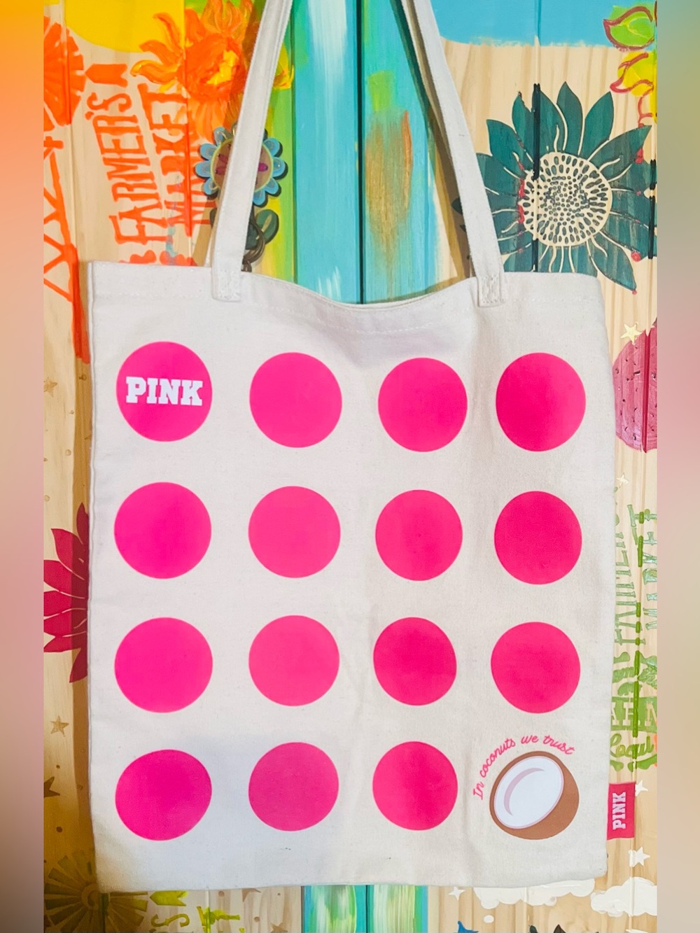 PINK Victoria's Secret Tan  Canvas Tote with Bright Pink Polka Dots